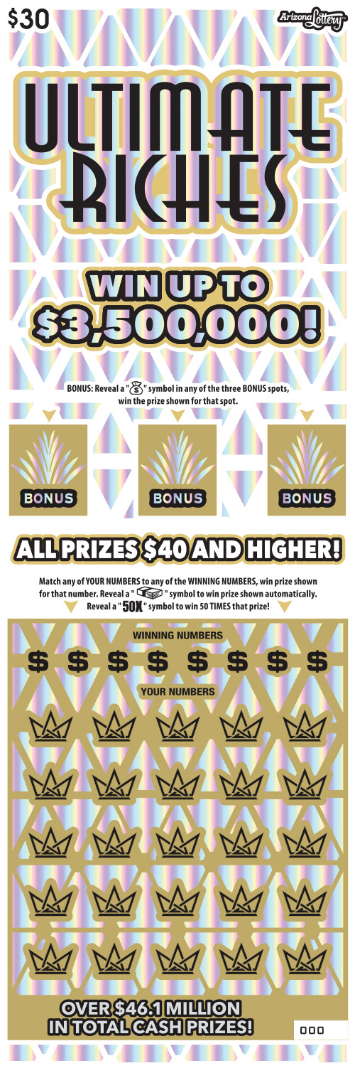 $30 ticket, Ultimate Riches, Win Up To $3.5 Million, all prizes $40 and higher, over $46.1 million in total cash prizes