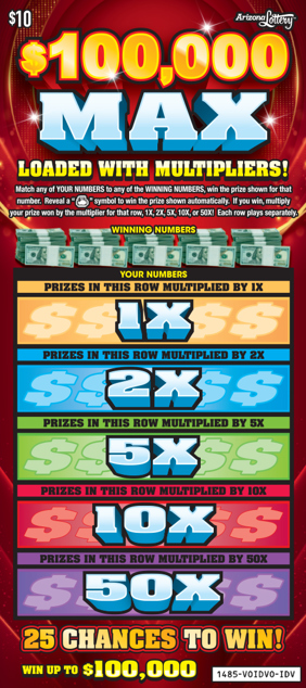 $100,000 Max, $10 Ticket, Loaded with multipliers, 25 chances to win, win up to $100,000