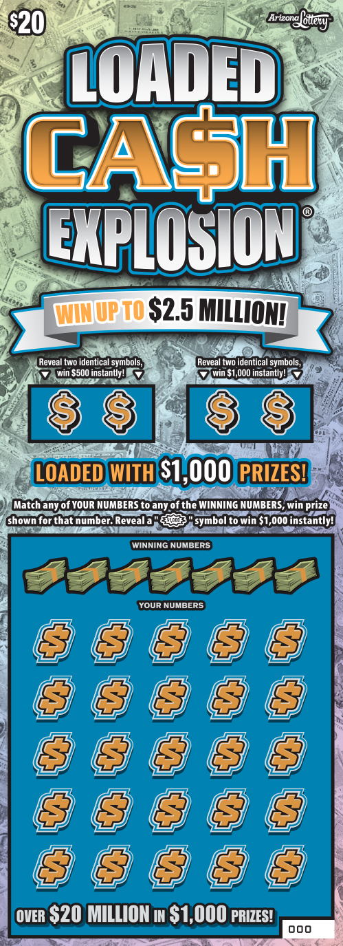 Loaded Cash Explosion, $20 ticket, win up to $2.5 million, loaded with $1,000 prizes, over $20 million in $1,000 prizes